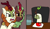 Size: 2351x1378 | Tagged: safe, autumn blaze, cinder glow, summer flare, kirin, worm, g4, angry, apple, autumn blaze's puppet, awwtumn blaze, cinderbetes, cute, food, glass of water, madorable, meme, woman yelling at a cat