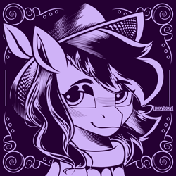 Size: 2400x2400 | Tagged: safe, artist:poxy_boxy, oc, oc only, earth pony, pony, bust, commission, eye clipping through hair, eyebrows, eyebrows visible through hair, eyeshadow, hat, high res, lidded eyes, makeup, monochrome, purple background, purplescale, simple background, smiling, solo