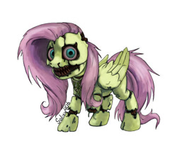 Size: 462x381 | Tagged: safe, artist:solixy406, fluttershy, pegasus, pony, robot, robot pony, animatronic, bib, broken, chica, crossover, cyan eyes, female, five nights at freddy's, five nights at freddy's 4, horror, looking at you, mare, messy mane, messy tail, missing ear, missing limb, nightmarified, pink mane, roboticization, scar, scary, sharp teeth, signature, simple background, spooky, tail, teeth, video game, video game crossover, white background, wings, withered, yellow coat