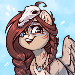 Size: 3000x3000 | Tagged: safe, artist:amishy, oc, oc:ondrea, pegasus, pony, bust, emanata, face paint, female, jewelry, looking at you, mare, necklace, open mouth, open smile, skull, smiling, smiling at you, solo