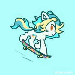 Size: 1000x1000 | Tagged: safe, artist:laymy, oc, oc only, earth pony, pony, chibi, looking back, raised hoof, raised leg, simple background, skateboard, solo, standing on two hooves, teal background
