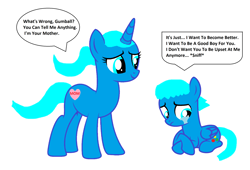 Size: 2856x1944 | Tagged: safe, artist:memeartboi, pegasus, pony, unicorn, g4, affection, colt, comfort, comforting, crying, cute, duo, duo male and female, female, foal, gumball watterson, heart, heartwarming, horn, male, mare, mother, mother and child, mother and son, nicole watterson, ponified, regret, remorse, sad, sad pony, simple background, smiling, sniffing, the amazing world of gumball, upset, white background, wings