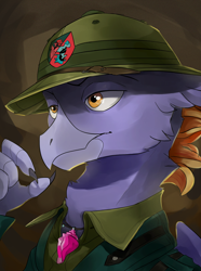 Size: 1560x2100 | Tagged: safe, artist:egil, oc, oc only, oc:flatus rushbeak, hippogriff, equestria at war mod, bust, clothes, hat, jewelry, necklace, portrait, seashell, solo