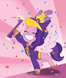 Size: 1530x1801 | Tagged: safe, artist:prixy05, pipp petals, pegasus, pony, g5, my little pony: tell your tale, baton, clothes, confetti, eyes closed, female, hat, marching band uniform, mare, pink background, simple background, solo, solo female, spread wings, uniform, wings