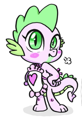Size: 1103x1643 | Tagged: safe, artist:jack107401, spike, dragon, g4, apron, baby, baby dragon, barb, clothes, cute, dragoness, female, looking at you, rule 63, simple background, spikabetes, white background