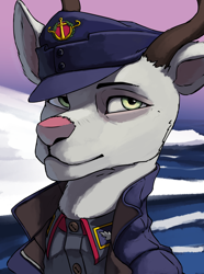 Size: 3120x4200 | Tagged: safe, artist:neither, oc, oc only, oc:fredrik haataja, deer, equestria at war mod, antlers, bust, cap, clothes, hat, military uniform, portrait, snow, solo, uniform, water
