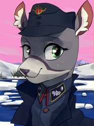 Size: 1560x2100 | Tagged: safe, artist:egil, oc, oc only, oc:ilma anjanen, deer, equestria at war mod, bust, cap, clothes, hat, ice, military uniform, portrait, snow, solo, uniform