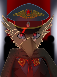 Size: 2000x2692 | Tagged: safe, artist:twotail813, oc, oc only, oc:grover vi, griffon, equestria at war mod, bust, cap, clothes, communism, glasses, hat, necktie, portrait, red star, solo