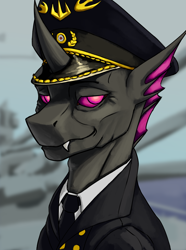Size: 3120x4200 | Tagged: safe, artist:neither, oc, oc only, oc:lysander, changeling, equestria at war mod, admiral, bust, cap, clothes, fangs, hat, male, military uniform, necktie, portrait, purple changeling, ship, solo, uniform