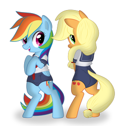 Size: 2500x2500 | Tagged: safe, artist:dolphinfox, artist:tex edits, applejack, rainbow dash, pegasus, pony, g4, .svg available, bipedal, butt, clothes, female, high res, mare, one-piece swimsuit, plot, school swimsuit, school uniform, simple background, swimsuit, transparent background, vector