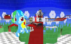 Size: 1920x1200 | Tagged: safe, artist:puzzlshield2, oc, oc:kori johnson, oc:puzzle shield, alicorn, earth pony, pony, 3d, alicorn oc, chase, colored wings, crossover, flying, heartwarming, horn, mmd, mr. puzzles (smg4), murder drones, panic attack, render, serial designation n, smg4, story included, super mario 64, super mario bros., wings