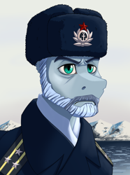 Size: 2000x2692 | Tagged: safe, artist:twotail813, oc, oc only, oc:grey gorshkov, earth pony, pony, equestria at war mod, admiral, beard, bust, clothes, facial hair, hat, military uniform, moustache, ocean, portrait, solo, uniform, water