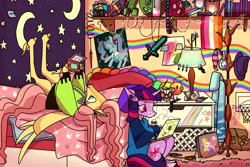 Size: 2048x1369 | Tagged: safe, artist:laps-sp, fluttershy, twilight sparkle, pegasus, pony, unicorn, antonymph, 3ds, beanie, bedroom, clothes, coat rack, companion cube, computer, dexterous hooves, duo, duo female, female, fluttgirshy, gir, hat, hatsune miku, hoodie, hoof hold, invader zim, laptop computer, lesbian, lesbian pride flag, lying down, mare, minecraft, on back, ponified, portal (valve), poster, pride, pride flag, rainbow, ship:twishy, shipping, sitting, spread wings, sword, unicorn twilight, vocaloid, vylet pony, weapon, wings