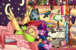 Size: 2048x1369 | Tagged: safe, artist:laps-sp, fluttershy, twilight sparkle, pegasus, pony, unicorn, antonymph, 3ds, beanie, bedroom, bilight sparkle, bisexual pride flag, clothes, coat rack, companion cube, computer, dexterous hooves, duo, duo female, female, fluttgirshy, gir, hat, hatsune miku, hoodie, hoof hold, indoors, invader zim, laptop computer, lesbian, lesbian pride flag, lying down, mare, minecraft, ponified, portal (valve), poster, pride, pride flag, prone, rainbow, ship:twishy, shipping, sitting, spread wings, sword, transgender pride flag, unicorn twilight, vocaloid, vylet pony, weapon, wings