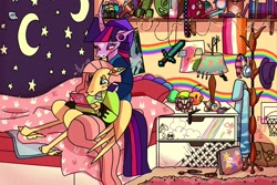 Size: 2048x1369 | Tagged: safe, artist:laps-sp, fluttershy, twilight sparkle, pegasus, pony, unicorn, antonymph, 3ds, beanie, bedroom, blush lines, blushing, clothes, coat rack, companion cube, computer, cuddling, dexterous hooves, duo, duo female, female, fluttgirshy, gir, hat, hatsune miku, heart, heart eyes, hoodie, hoof hold, invader zim, laptop computer, lesbian, lesbian pride flag, mare, minecraft, ponified, portal (valve), poster, pride, pride flag, rainbow, ship:twishy, shipping, spread wings, sword, unicorn twilight, vocaloid, vylet pony, weapon, wingding eyes, wings