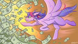 Size: 3500x2000 | Tagged: safe, artist:z0ri0n, oc, oc only, pegasus, pony, dollar, flying, money, purple, running, solo, wings