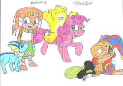Size: 1066x750 | Tagged: safe, artist:cmara, pinkie pie, alien, bear, earth pony, echidna, humanoid, pony, vaporeon, anthro, plantigrade anthro, semi-anthro, g4, ambiguous gender, animate object, anthro with ponies, care bears, crossover, doll, female, funshine bear, hat, hug, jester, jester hat, jester outfit, living doll, male, pokémon, pomni, simple background, sonic the hedgehog (series), the amazing digital circus, tikal the echidna, toy, wander (wander over yonder), wander over yonder, white background
