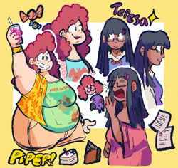 Size: 924x871 | Tagged: safe, artist:punkittdev, pinkie pie, twilight sparkle, human, g4, alternate name, arms in the air, bbw, big breasts, book, breasts, busty pinkie pie, cake, drink, duo, duo female, fat, female, food, glasses, grin, humanized, lesbian, light skin, looking at each other, looking at someone, moderate dark skin, name, pudgy pie, ship:twinkie, shipping, sleepy, smiling, smiling at each other, smoothie, thighs, thunder thighs, wide hips, yawn