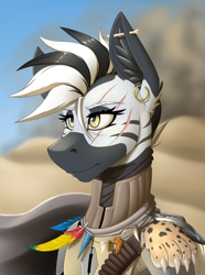 Size: 2000x2692 | Tagged: safe, artist:twotail813, oc, oc only, oc:shaka khan, zebra, equestria at war mod, bust, clothes, ear fluff, ear piercing, earring, feather, horn, jewelry, paws, piercing, portrait, scar, solo, tooth