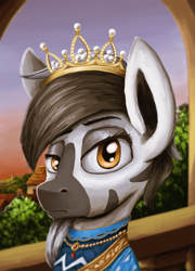 Size: 2016x2800 | Tagged: safe, artist:ryanmandraws, oc, oc only, oc:ceyda vatosoa, zebra, equestria at war mod, bust, clothes, crown, jewelry, necklace, portrait, regalia, solo