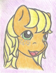 Size: 978x1290 | Tagged: safe, artist:jancy15, applejack, earth pony, pony, bust, female, mare, open mouth, open smile, portrait, smiling, solo, traditional art