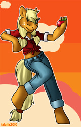 Size: 650x1016 | Tagged: safe, artist:talutie, applejack, earth pony, anthro, unguligrade anthro, g4, apple, arm hooves, female, food, front knot midriff, holding, looking at you, midriff, one eye closed, solo, wink