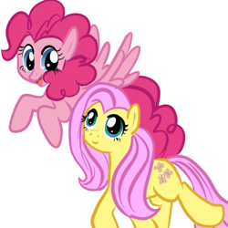Size: 500x500 | Tagged: safe, artist:vece, fluttershy, pinkie pie, earth pony, pegasus, pony, duo, earth pony fluttershy, female, flying, mare, pegasus pinkie pie, race swap, simple background, smiling, white background