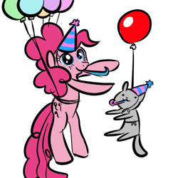 Size: 500x500 | Tagged: safe, artist:vece, pinkie pie, cat, earth pony, pony, balloon, female, floating, hat, mare, party hat, party horn, simple background, solo, then watch her balloons lift her up to the sky, white background