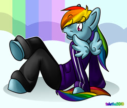 Size: 900x769 | Tagged: safe, rainbow dash, pegasus, anthro, unguligrade anthro, cloud, eye clipping through hair, female, looking back, sitting, smiling, solo