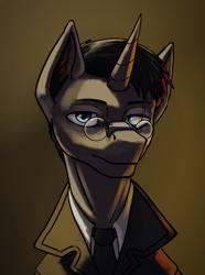 Size: 3120x4200 | Tagged: safe, artist:neither, oc, oc only, oc:lavender berry, pony, unicorn, equestria at war mod, blind eye, bust, clothes, eye scar, facial scar, glasses, horn, necktie, portrait, scar, solo