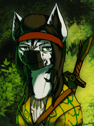 Size: 3120x4200 | Tagged: safe, artist:neither, oc, oc only, oc:dimasupil, zebra, equestria at war mod, bust, clothes, headband, portrait, solo, sword, weapon