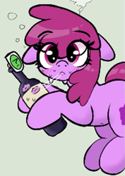 Size: 583x822 | Tagged: safe, artist:dowa, berry punch, berryshine, earth pony, pony, g4, blushing, bottle, eye clipping through hair, eyebrows, eyebrows visible through hair, implied anon, kiss mark, lipstick, looking at you, solo, sweat