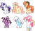 Size: 1600x1400 | Tagged: safe, artist:lavender-doodles, applejack, fluttershy, pinkie pie, rainbow dash, rarity, twilight sparkle, earth pony, pegasus, unicorn, g4, 2d, alternate color palette, alternate design, alternate eye color, alternate hairstyle, alternate mane color, alternate tail color, alternate tailstyle, applejack's hat, bangs, bow, cowboy hat, curly hair, cutie mark, female, glasses, hair bow, hair bun, hat, horn, mane six, mane six redesign, profile, redesign, signature, simple background, standing, tail, transparent background, wings