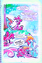 Size: 1500x2250 | Tagged: safe, artist:yl0w, part of a set, pinkie pie, rainbow dash, earth pony, pegasus, pony, comic:rainbow override, fanfic:rainbow factory, g4, 2 panel comic, :3, ><, blue coat, cartoon physics, cloud, colored, comic, curly mane, curly tail, day, dialogue, duo, duo female, eye clipping through hair, eyebrows, eyebrows visible through hair, eyelashes, eyes closed, fanfic art, female, floppy ears, glomp, grass, lidded eyes, lined paper, looking at each other, looking at someone, looking back, mare, multicolored hair, multicolored mane, nervous, nervous smile, one eye closed, open mouth, open smile, outdoors, part of a series, pink coat, pink mane, pink tail, pinkie being pinkie, pinkie physics, ponyville town hall, rainbow hair, sitting, sky, smiling, smiling at each other, sparkly eyes, speech bubble, sweat, sweatdrop, tail, talking, text, tongue out, tree, wavy mouth, wingding eyes