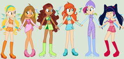 Size: 1845x885 | Tagged: safe, artist:bender1567, artist:machakar52, fairy, equestria girls, g4, aisha, base used, bloom (winx club), blue wings, bodysuit, boots, clothes, crossover, dress, equestria girls style, equestria girls-ified, eyes closed, fairy wings, flora (winx club), green wings, headphones, high heel boots, high heels, holding hands, layla, magic winx, musa, pigtails, pink dress, red dress, shoes, smiling, stella (winx club), strapless, tecna, wings, winx club