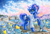 Size: 1724x1186 | Tagged: safe, artist:maytee, princess luna, alicorn, pony, g4, alternate hairstyle, clothes, commission, commissioner:shaddar, farm, field, flower, garden tools, gardening tools, ponytail, scenery, shirt, shovel, solo, stars, traditional art