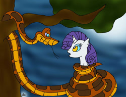 Size: 900x690 | Tagged: safe, artist:lol20, rarity, pony, snake, unicorn, g4, coiling, coils, duo, eyeshadow, female, horn, hypno eyes, hypnority, hypnosis, hypnotized, kaa, kaa eyes, lidded eyes, looking at each other, looking at someone, makeup, male, mare, open mouth, smiling, tongue out, tree, wrapped snugly, wrapped up