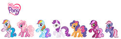Size: 3680x1200 | Tagged: safe, artist:durpy, artist:unknown8904532894589, cheerilee (g3), pinkie pie (g3), rainbow dash (g3), scootaloo (g3), starsong, sweetie belle (g3), toola-roola, earth pony, pegasus, pony, unicorn, g3, g3.5, g4, base used, bipedal, colored wings, core seven, eyeshadow, female, freckles, g3 to g4, g3.5 to g4, generation leap, horn, looking at you, looking back, makeup, multicolored hair, my little pony logo, rainbow hair, rainbow tail, raised hoof, recolor, simple background, smiling, smiling at you, spread wings, tail, walking, white background, wings