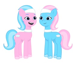 Size: 640x544 | Tagged: safe, artist:jazzhooves, aloe, lotus blossom, earth pony, pony, g4, g5, my little pony: tell your tale, duo, duo female, eyeshadow, female, g4 to g5, generation leap, makeup, open mouth, open smile, siblings, simple background, smiling, spa twins, twins, white background