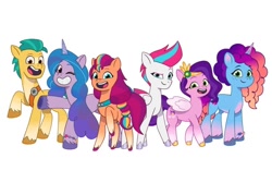 Size: 640x458 | Tagged: safe, artist:jazzhooves, edit, hitch trailblazer, izzy moonbow, misty brightdawn, pipp petals, sunny starscout, zipp storm, earth pony, pegasus, pony, unicorn, g5, my little pony: tell your tale, alternate color palette, alternate design, bag, blaze (coat marking), bracelet, coat markings, colored wings, crown, facial markings, female, freckles, friendship bracelet, gradient legs, horn, jewelry, male, mane five, mane six (g5), mane stripe sunny, one eye closed, open mouth, open smile, pipp is short, raised hoof, rebirth misty, redesign, regalia, saddle bag, shiny hooves, simple background, smiling, socks (coat markings), white background, wings