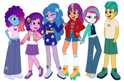 Size: 640x417 | Tagged: safe, artist:jazzhooves, hitch trailblazer, izzy moonbow, misty brightdawn, pipp petals, sunny starscout, zipp storm, human, equestria girls, g4, g5, boots, clothes, daisy (flower), dress, equestria girls-ified, female, flower, flower in hair, freckles, g5 to equestria girls, g5 to g4, generation leap, hairclip, hand in pocket, hand on hip, humanized, jacket, jumper, looking at each other, looking at someone, male, mane five, mane six (g5), mane stripe sunny, one eye closed, open mouth, open smile, pants, pipp is short, polo shirt, rebirth misty, roller skates, shirt, shoes, shorts, simple background, skates, skirt, smiling, socks, t-shirt, tank top, white background