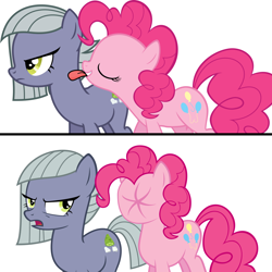 Size: 1500x1500 | Tagged: artist needed, safe, limestone pie, pinkie pie, earth pony, pony, g4, 2 panel comic, :p, comic, duo, duo female, female, lemon meme, licking, limestone pie is not amused, mare, meme, puckered face, simple background, sour, tongue out, unamused, white background