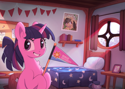 Size: 5000x3556 | Tagged: safe, artist:nookprint, daring do, spike, twilight sparkle, pony, unicorn, g4, adorkable, alternate hairstyle, bag, bed, bedroom, book, bookshelf, chest fluff, college, crepuscular rays, cute, desk, dork, dormitory, female, flag, grin, holding, hoof hold, horn, looking at you, nerd, pennant, poster, smiling, solo, twiabetes, unicorn twilight, university, window