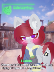 Size: 4096x5461 | Tagged: safe, artist:sodapop sprays, oc, oc:municorn, oc:skyfire lumia, pegasus, pony, fallout equestria, another settlement needs our help i'll mark it on your map, blushing, chest fluff, clothes, ear fluff, fallout, fallout 4, imminent death, imminent everything, jumpsuit, looking at you, meme, pipboy, quicksave, quicksaving, settlement, text, this will not end well, vault suit