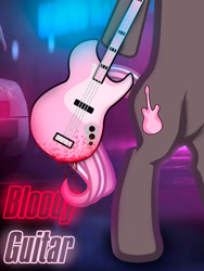 Size: 1200x1600 | Tagged: safe, artist:i'm derpy, oc, oc only, oc:bronyka, pony, unicorn, g4, bipedal, blood, female, guitar, horn, mare, musical instrument, neon, poster, solo, text