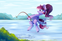 Size: 4500x3000 | Tagged: safe, artist:neonishe, oc, oc only, pegasus, pony, commission, complex background, fishing, fishing rod, lake, outdoors, solo, water