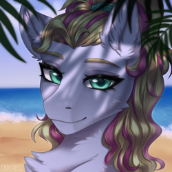 Size: 2048x2048 | Tagged: safe, artist:enderbee, oc, oc only, oc:radical bay, earth pony, pony, beach, bust, female, leaves, looking at you, mare, portrait, smiling