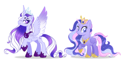 Size: 1280x628 | Tagged: safe, artist:dixieadopts, oc, oc only, oc:lilac prism, oc:velvet hope, alicorn, pony, colored wings, duo, female, gradient wings, height difference, mare, physique difference, simple background, slender, thin, transparent background, wings
