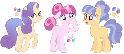 Size: 3078x1339 | Tagged: safe, artist:monochrome-sunsets, oc, oc only, earth pony, pony, unicorn, g4, base used, female, horn, mare, simple background, transparent background, trio, trio female