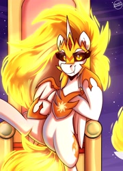 Size: 3600x5000 | Tagged: safe, artist:shadowreindeer, daybreaker, alicorn, pony, g4, armor, belly, featureless crotch, female, fiery mane, fiery tail, hoof shoes, looking at you, mane of fire, mare, peytral, princess shoes, round belly, sitting, solo, starry background, tail, tail of fire, throne, wing armor, wings